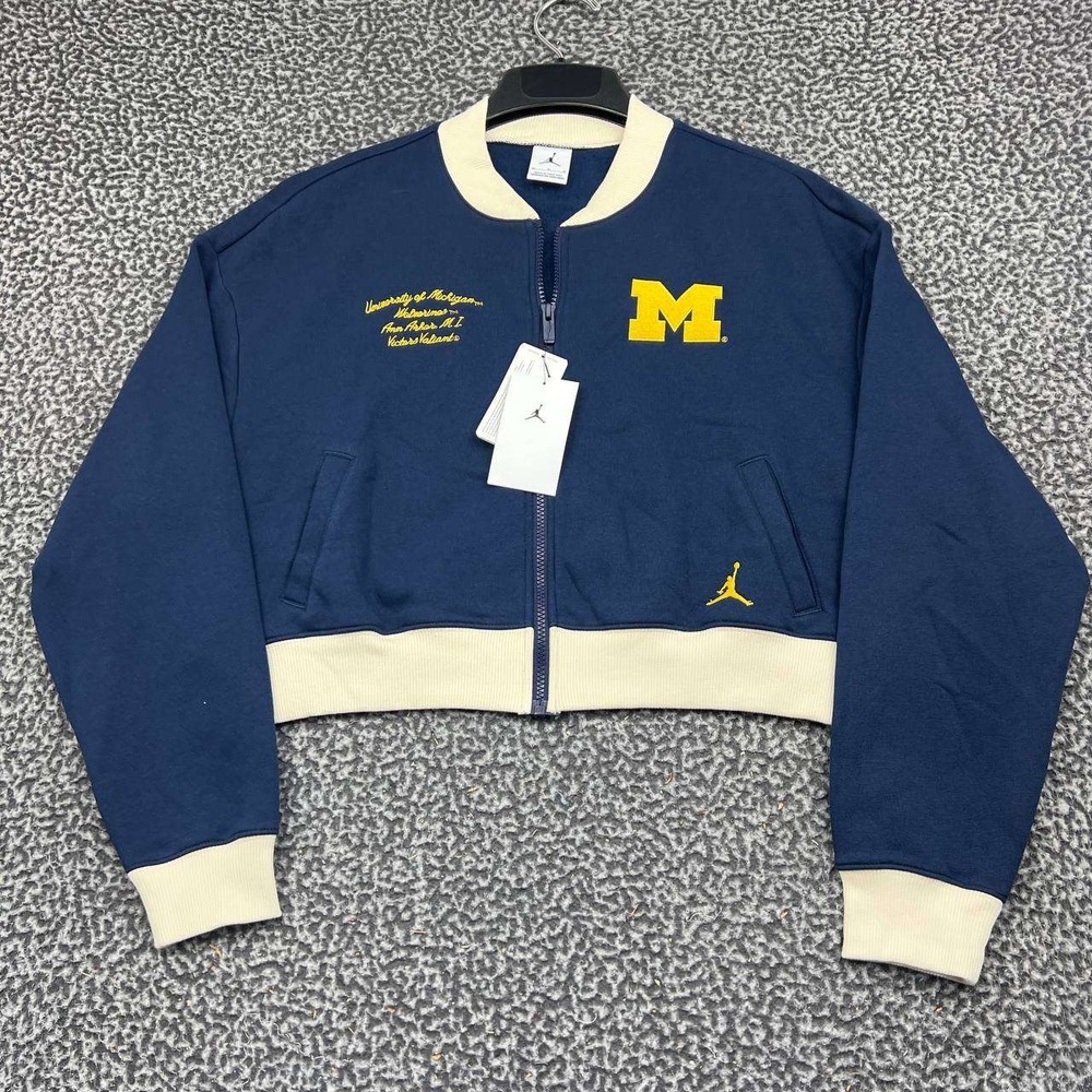 Air Jordan Michigan Wolverines Bomber Jacket Women Medium Navy Crop Fleece New M